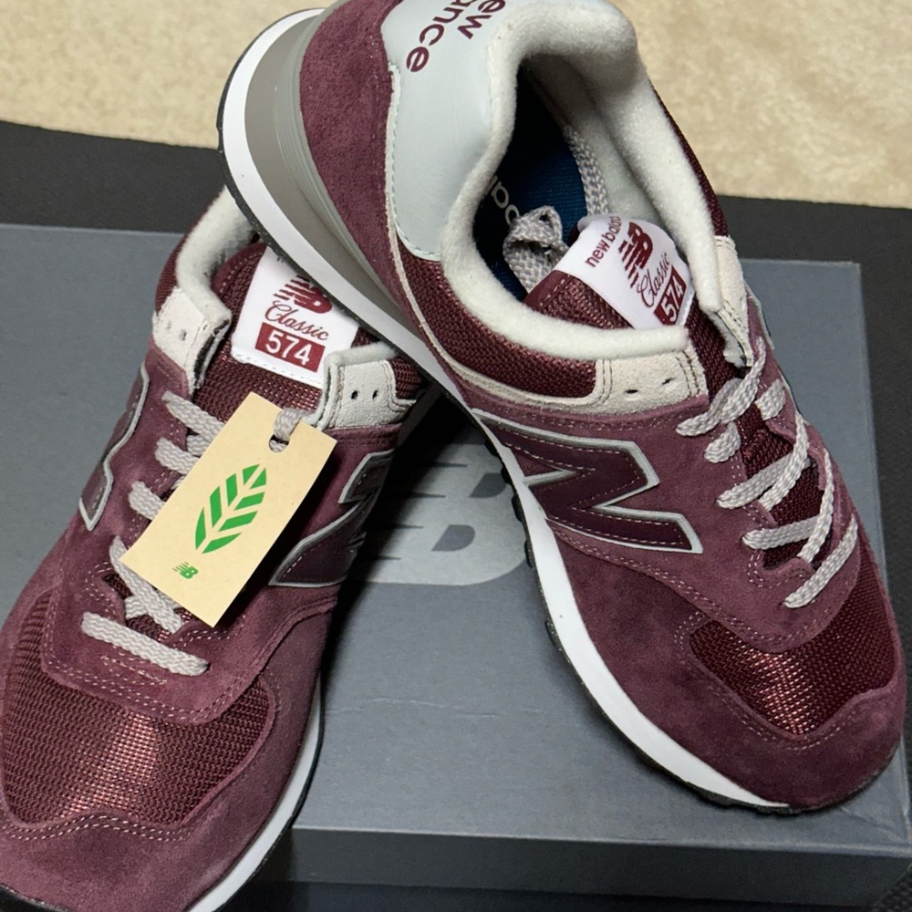 New Balance Burgundy Suede & Mesh 574 Sneakers - Picture 2 of 9